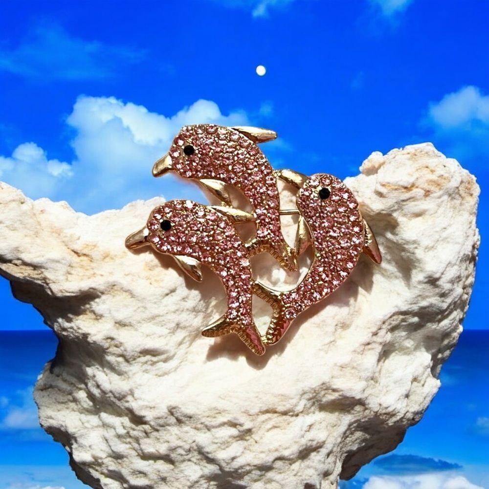 Pink Rhinestone Dolphins Gold Tone Brooch NWT